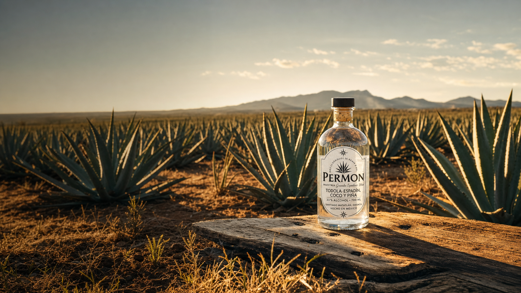 Botella de PERMON en un campo de agaves de Oaxaca al atardecer